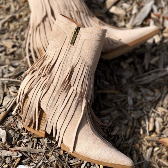 NEW Fringe Tassel Faux Suede Pointy Toe Block Heel Western Booties Boots Taupe - Picture 2 of 13
